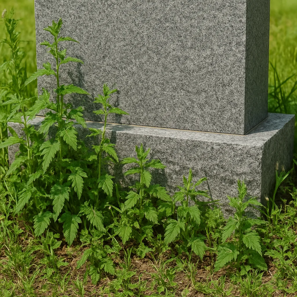 Abords de sépulture envahis d'herbes sèches avant intervention